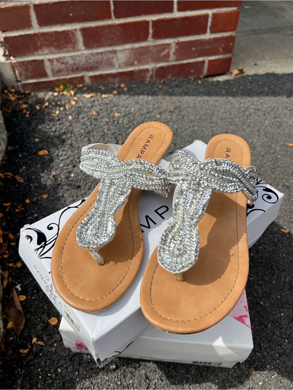 Rampage Silver Beaded Thong Sandals with Tan Footbed